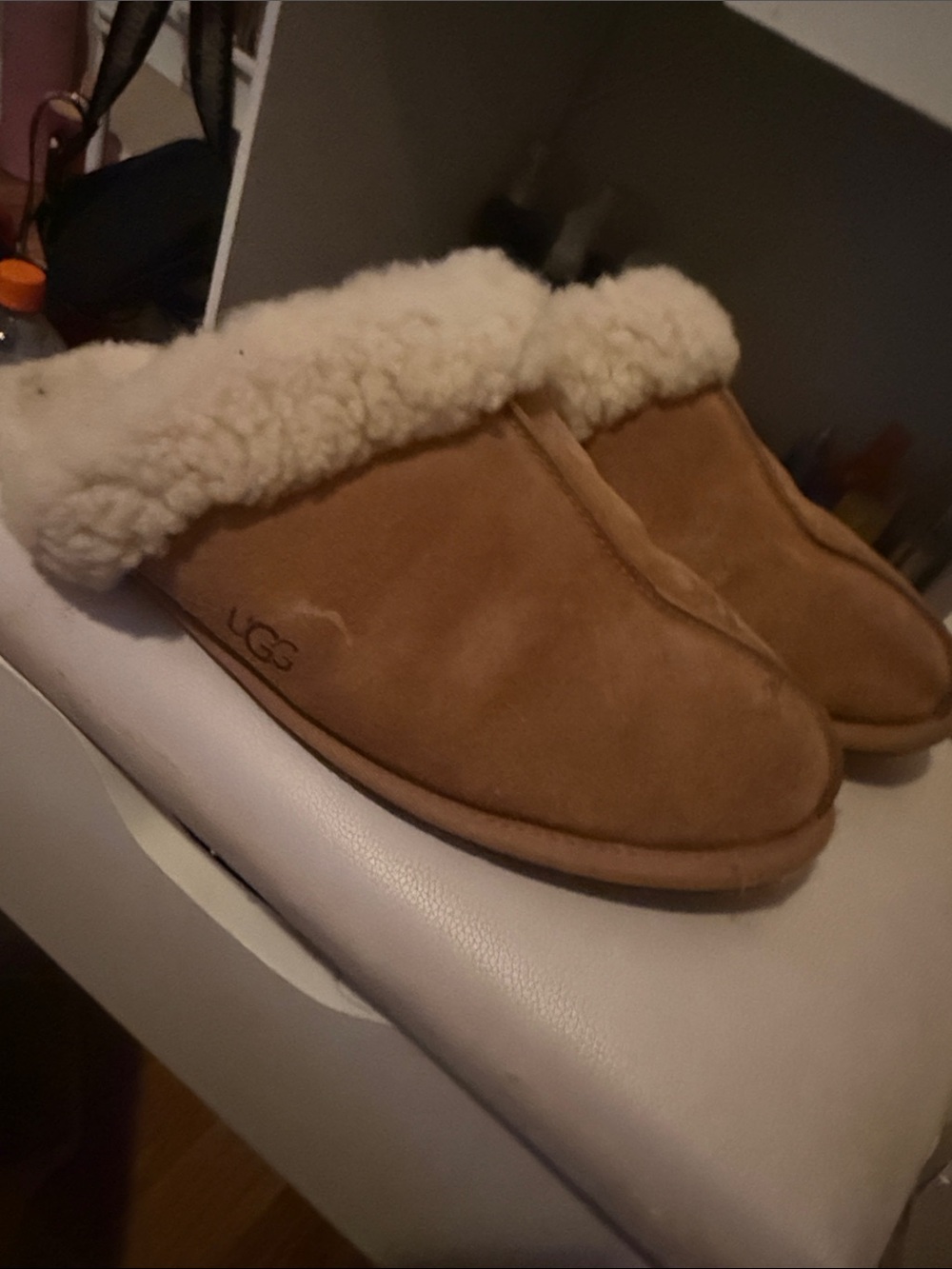 UGG Chestnut Suede Shearling Cuff Slip-On Slippers